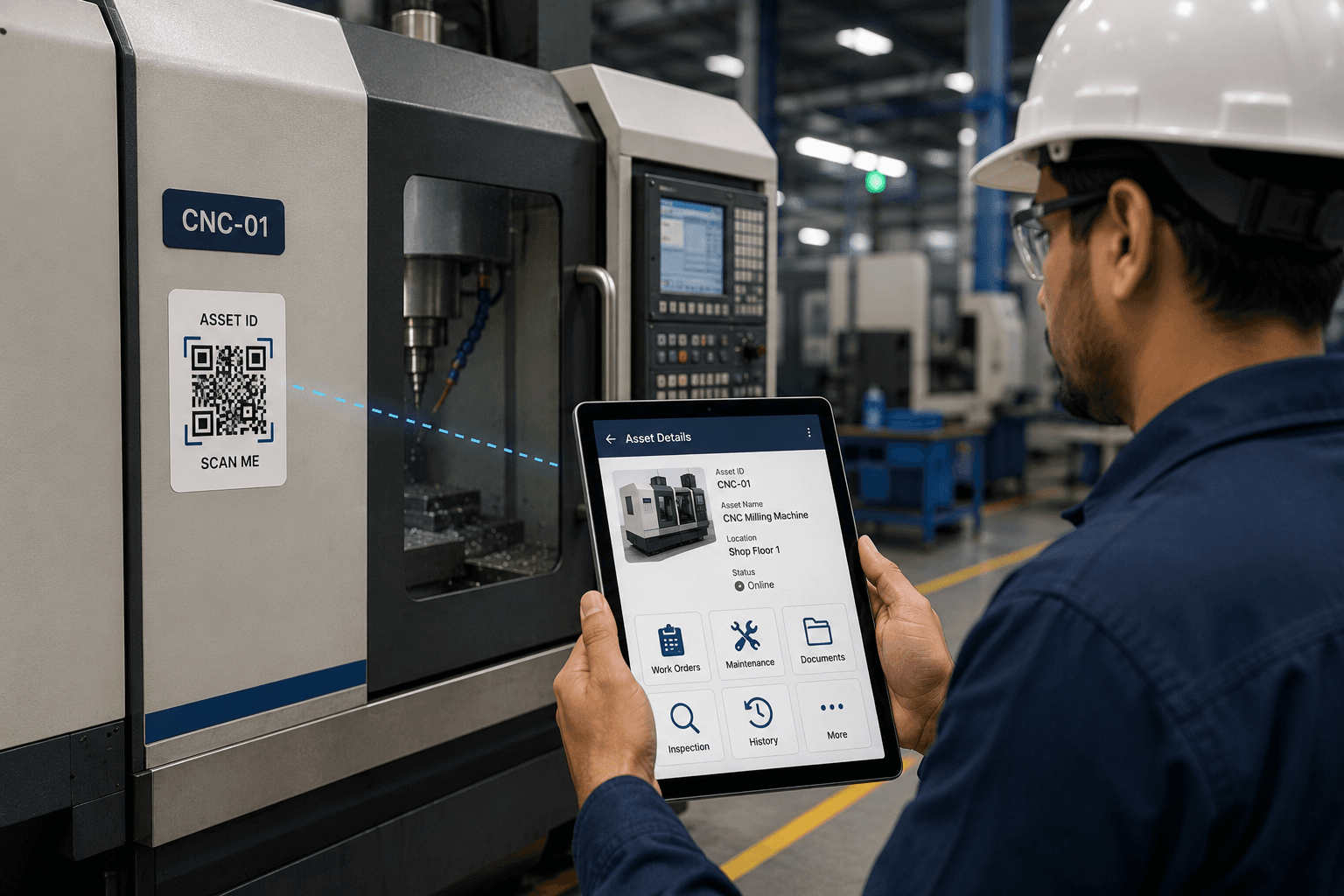 Technician scanning an asset QR code to open the EAM asset record on a tablet