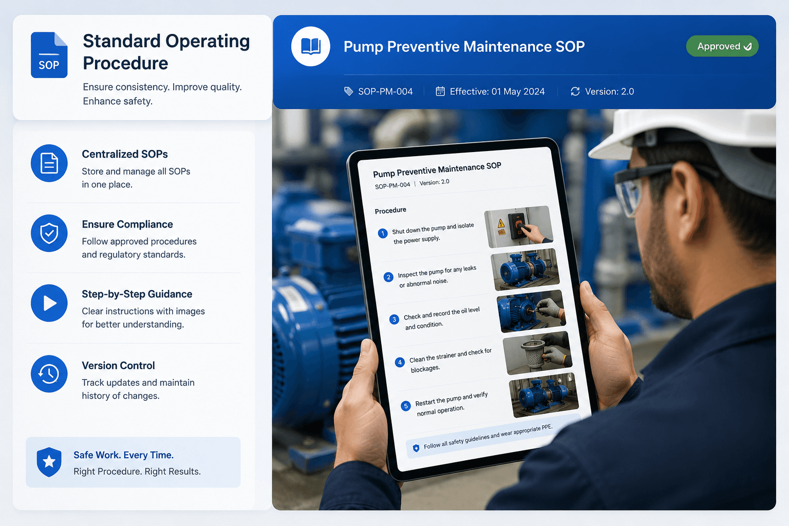 EAM standard operating procedure screen showing approved preventive maintenance SOP with step-by-step guidance