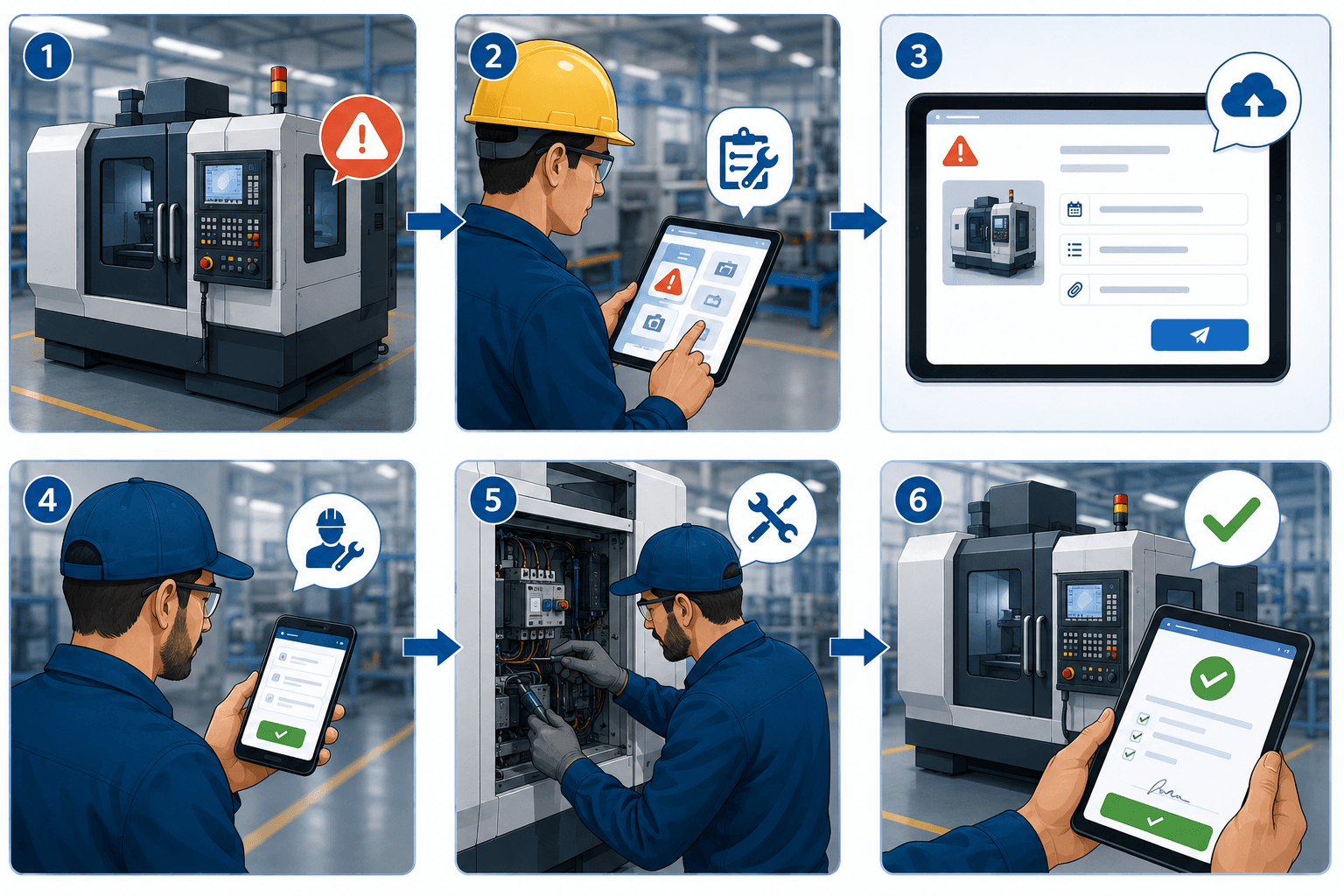 EAM work request workflow from issue identification to completion confirmation