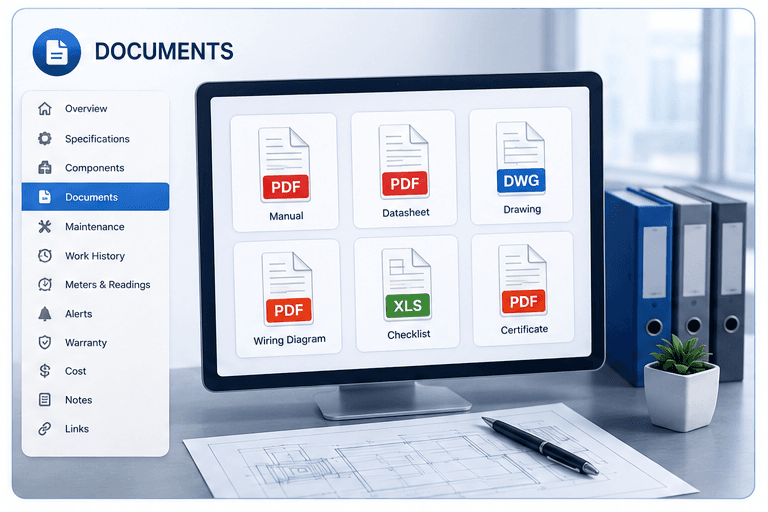 EAM asset documents tab showing manuals, datasheets, drawings, checklists, and certificates