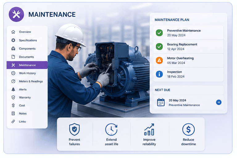 EAM asset maintenance tab showing maintenance plan, next due item, and reliability benefits
