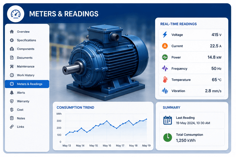 EAM meters and readings tab showing voltage, current, power, frequency, temperature, and vibration