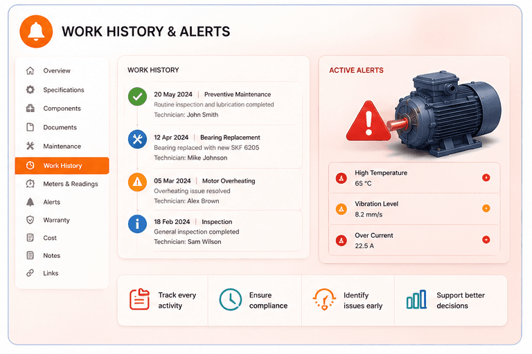 EAM work history and alerts tab showing maintenance events and active asset alerts
